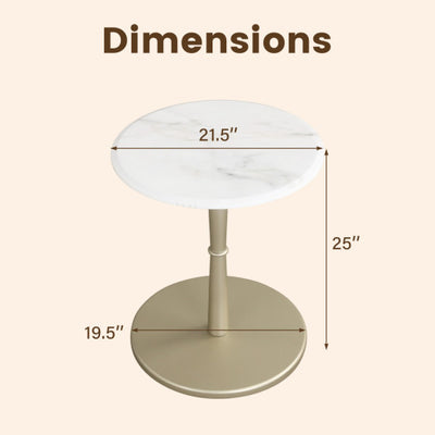 Round Marble Side Table with Stone Finish and Wooden Base for Small Spaces-White and Gold