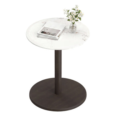 Round Marble Side Table Pedestal End Table with Stone Finish and Wooden-Black & White