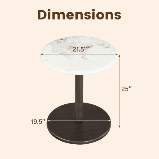 Round Marble Side Table Pedestal End Table with Stone Finish and Wooden-Black & White