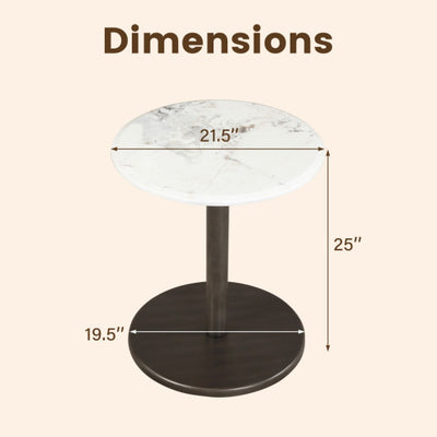 Round Marble Side Table Pedestal End Table with Stone Finish and Wooden-Black & White