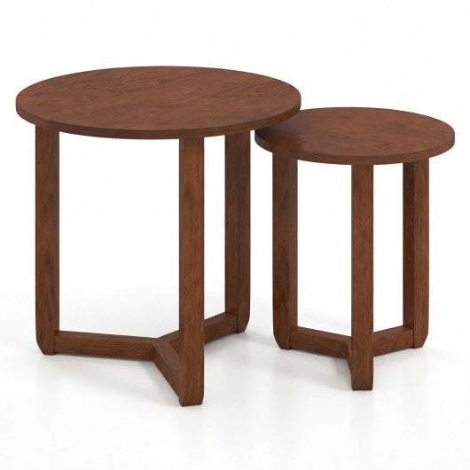 Round Nesting Coffee Table Set of 2 Wood Nesting End Tables with Thickened Top-Walnut