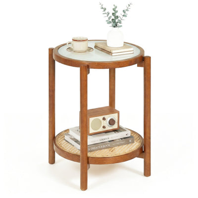 Round Side Table 2-Tier Boho End Table with Tempered Glass Top-Walnut