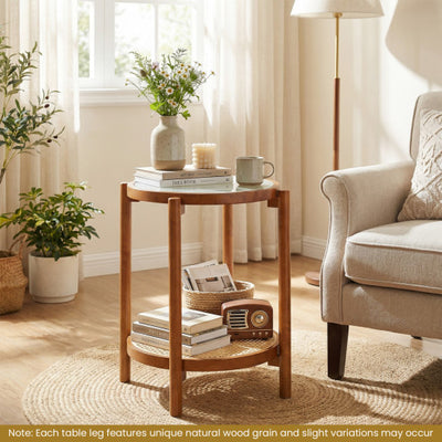 Round Side Table 2-Tier Boho End Table with Tempered Glass Top-Walnut