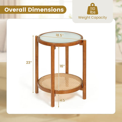 Round Side Table 2-Tier Boho End Table with Tempered Glass Top-Walnut