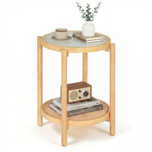 Round Side Table 2-Tier Boho End Table with Tempered Glass Top-Natural