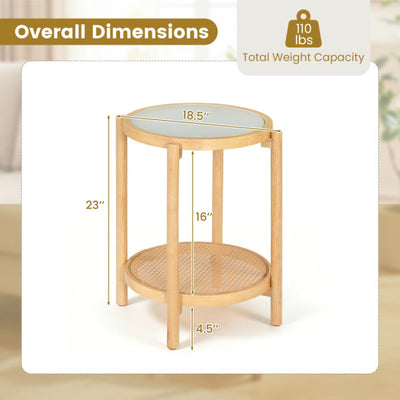 Round Side Table 2-Tier Boho End Table with Tempered Glass Top-Natural