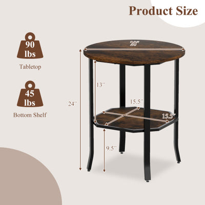 Round Side Table Small End Table with Storage Shelf 2-Tier Nightstand for Small Space-Rustic Brown