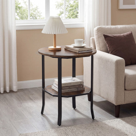 Round Side Table Small End Table with Storage Shelf 2-Tier Nightstand for Small Space-Rustic Brown