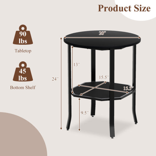 Round Side Table Small End Table with Storage Shelf 2-Tier Nightstand for Small Space-Black