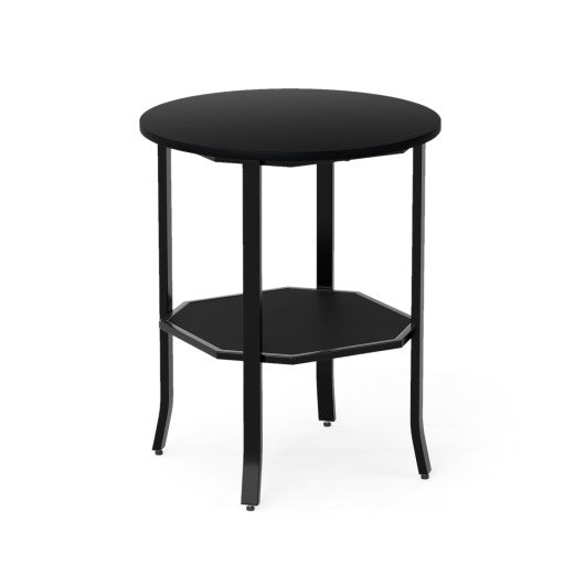 Round Side Table Small End Table with Storage Shelf 2-Tier Nightstand for Small Space-Black