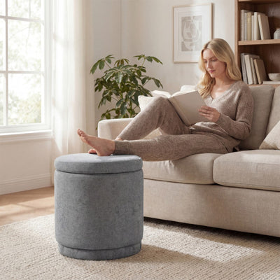 Round Storage Ottoman Foot Rest with Removable Lid and Acacia Wood Frame-Gray