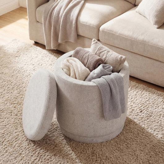 Round Storage Ottoman Foot Rest with Removable Lid and Acacia Wood Frame-Beige