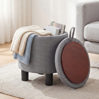 Round Storage Ottoman Linen Fabric Upholstered Footrest Stool-Gray
