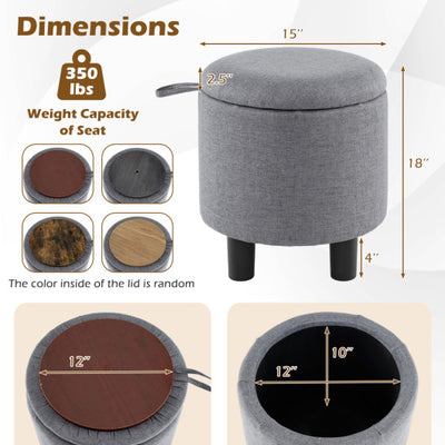 Round Storage Ottoman Linen Fabric Upholstered Footrest Stool-Gray