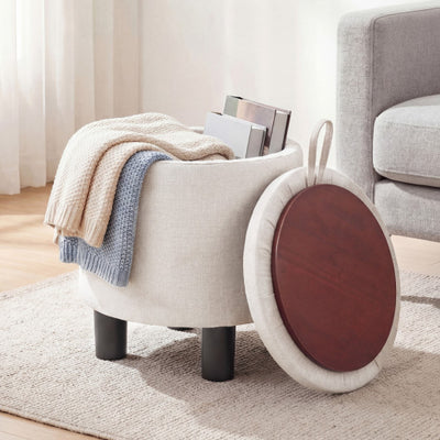 Round Storage Ottoman Linen Fabric Upholstered Footrest Stool-Beige