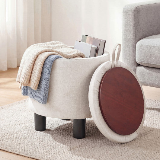 Round Storage Ottoman Linen Fabric Upholstered Footrest Stool-Beige