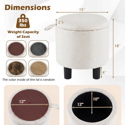 Round Storage Ottoman Linen Fabric Upholstered Footrest Stool-Beige