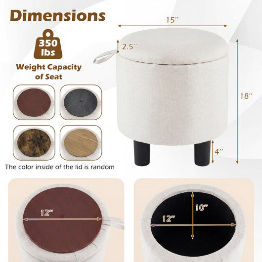 Round Storage Ottoman Linen Fabric Upholstered Footrest Stool-Beige