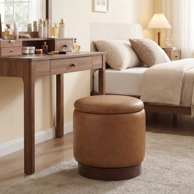 Round Storage Ottoman with Acacia Wood Frame for Living Room and Bedroom-Brown