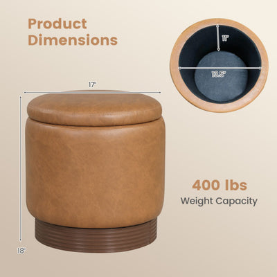Round Storage Ottoman with Acacia Wood Frame for Living Room and Bedroom-Brown