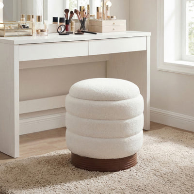 Round Storage Ottoman with Acacia Wood Frame for Living Room-White