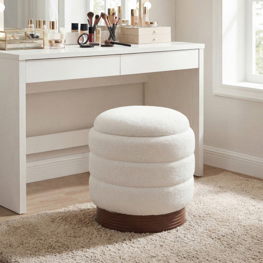 Round Storage Ottoman with Acacia Wood Frame for Living Room-White