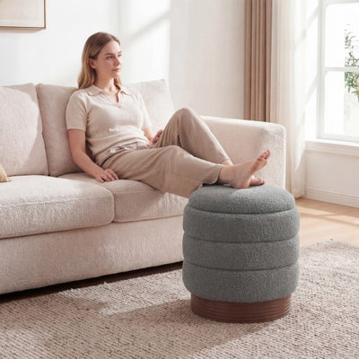 Round Storage Ottoman with Acacia Wood Frame for Living Room-Gray