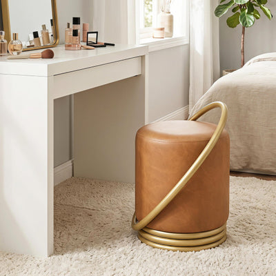 Round Vanity Stool Faux Leather Makeup Chair with Gold Halo Design-Yellow