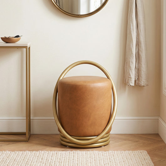 Round Vanity Stool Faux Leather Makeup Chair with Gold Halo Design-Yellow