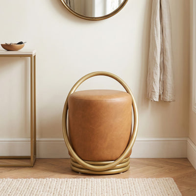 Round Vanity Stool Faux Leather Makeup Chair with Gold Halo Design-Yellow
