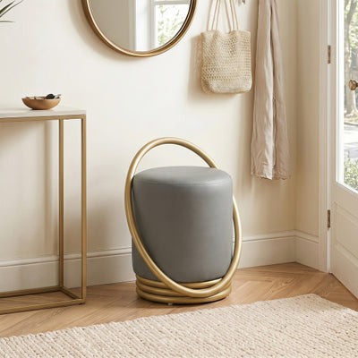 Round Vanity Stool Faux Leather Makeup Chair with Gold Halo Design-Grey
