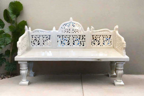 Royal Carved White Marble Garden Bench DE-COR | Globally Inspired