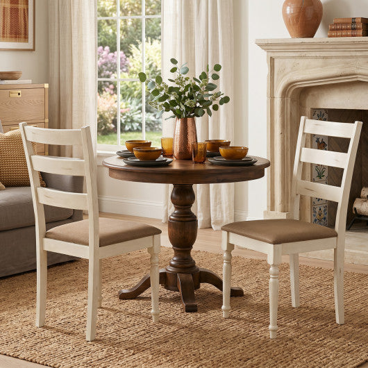 Rubber Wood Dining Chairs Set of 2 with Padded Linen Seat & Slatted Backrest-White