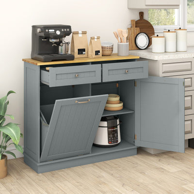 Rubber Wood Kitchen Trash Cabinet with Single Trash Can Holder and Adjustable Shelf-Gray