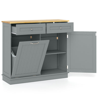 Rubber Wood Kitchen Trash Cabinet with Single Trash Can Holder and Adjustable Shelf-Gray