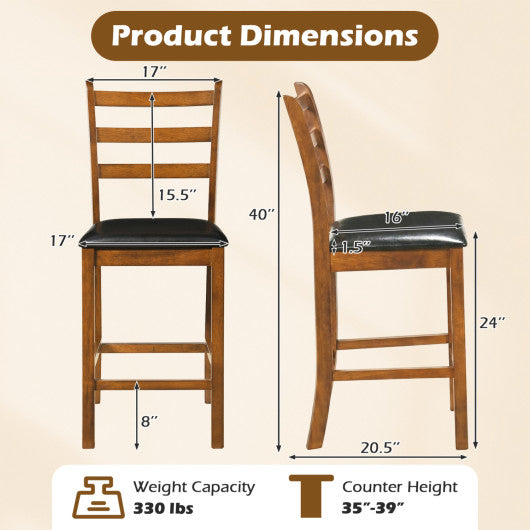 Rubber Wood Ladder Back Bar Stools Set of 2 24inch Counter Height Kitchen Island High Chairs-Walnut