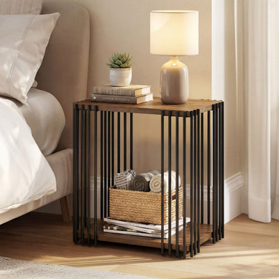 Rubber Wood Side Table with 2-Layer Storage Shelves and Metal Frame-Walnut