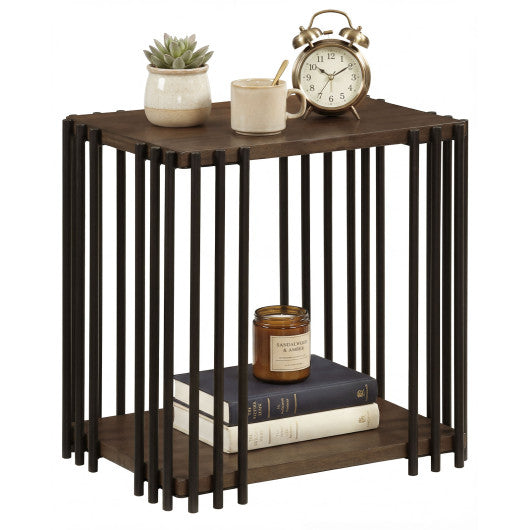 Rubber Wood Side Table with 2-Layer Storage Shelves and Metal Frame-Walnut