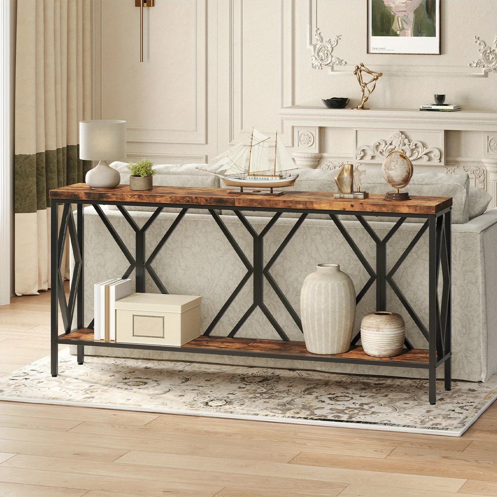 Rustic Brown And Black 70.9'' Extra Long Console Table, Industrial Sofa Table Behind Couch, 2 Tier Narrow Entryway Table with Storage Shelf, for Living Room
