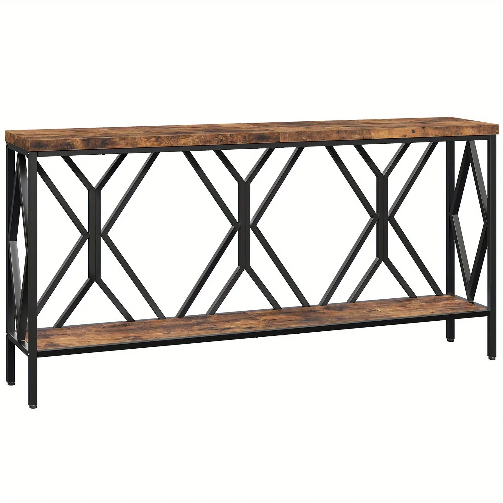 Rustic Brown And Black 70.9'' Extra Long Console Table, Industrial Sofa Table Behind Couch, 2 Tier Narrow Entryway Table with Storage Shelf, for Living Room