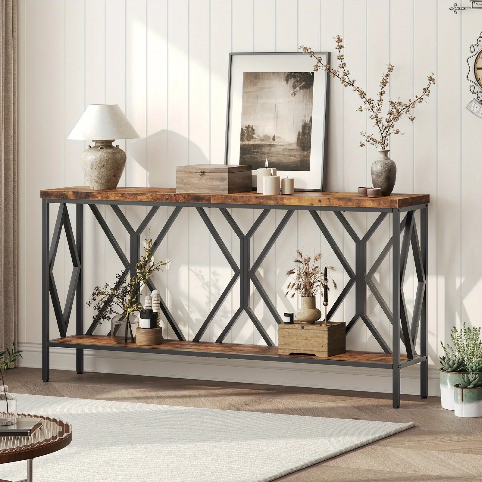 Rustic Brown And Black 70.9'' Extra Long Console Table, Industrial Sofa Table Behind Couch, 2 Tier Narrow Entryway Table with Storage Shelf, for Living Room