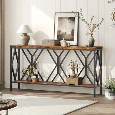 Rustic Brown And Black 70.9'' Extra Long Console Table, Industrial Sofa Table Behind Couch, 2 Tier Narrow Entryway Table with Storage Shelf, for Living Room