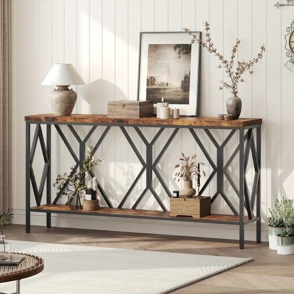 Rustic Brown And Black 70.9'' Extra Long Console Table, Industrial Sofa Table Behind Couch, 2 Tier Narrow Entryway Table with Storage Shelf, for Living Room