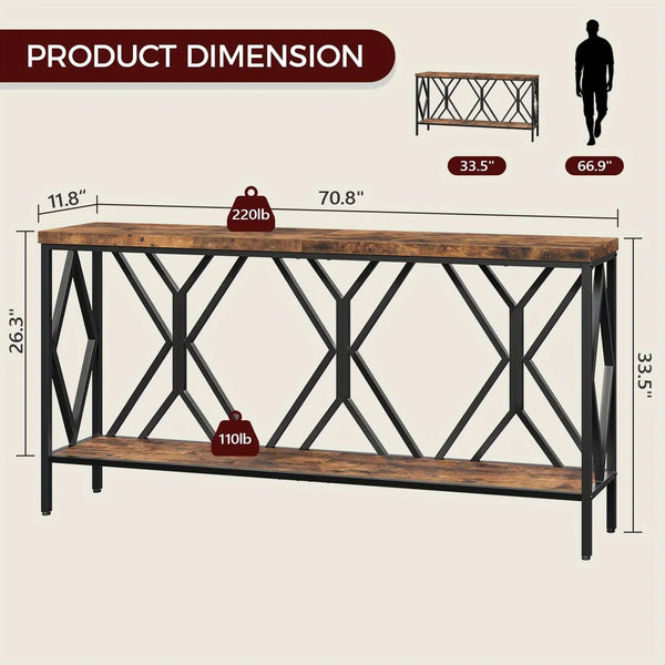 Rustic Brown And Black 70.9'' Extra Long Console Table, Industrial Sofa Table Behind Couch, 2 Tier Narrow Entryway Table with Storage Shelf, for Living Room