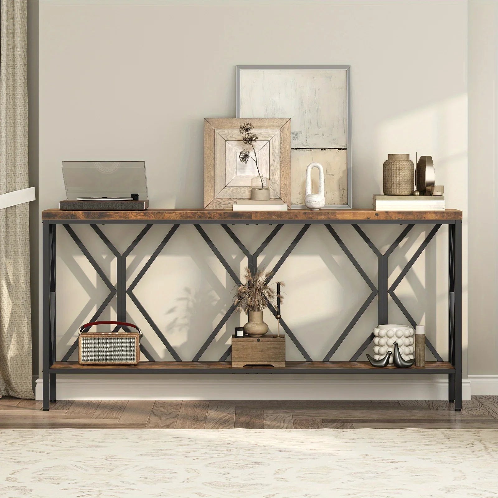 Rustic Brown And Black 70.9'' Extra Long Console Table, Industrial Sofa Table Behind Couch, 2 Tier Narrow Entryway Table with Storage Shelf, for Living Room