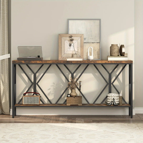 Rustic Brown And Black 70.9'' Extra Long Console Table, Industrial Sofa Table Behind Couch, 2 Tier Narrow Entryway Table with Storage Shelf, for Living Room