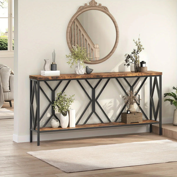 Rustic Brown And Black 70.9'' Extra Long Console Table, Industrial Sofa Table Behind Couch, 2 Tier Narrow Entryway Table with Storage Shelf, for Living Room