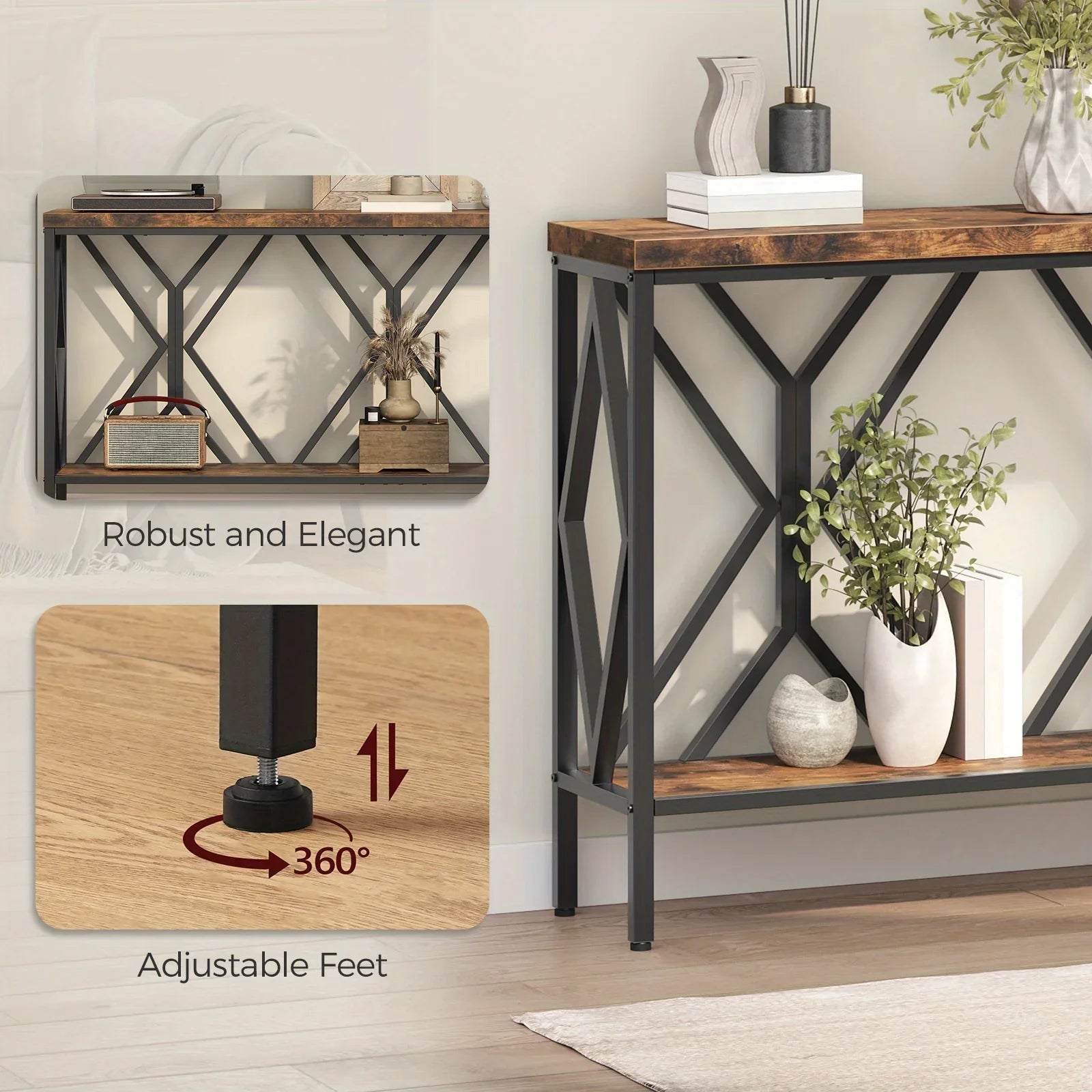 Rustic Brown And Black 70.9'' Extra Long Console Table, Industrial Sofa Table Behind Couch, 2 Tier Narrow Entryway Table with Storage Shelf, for Living Room