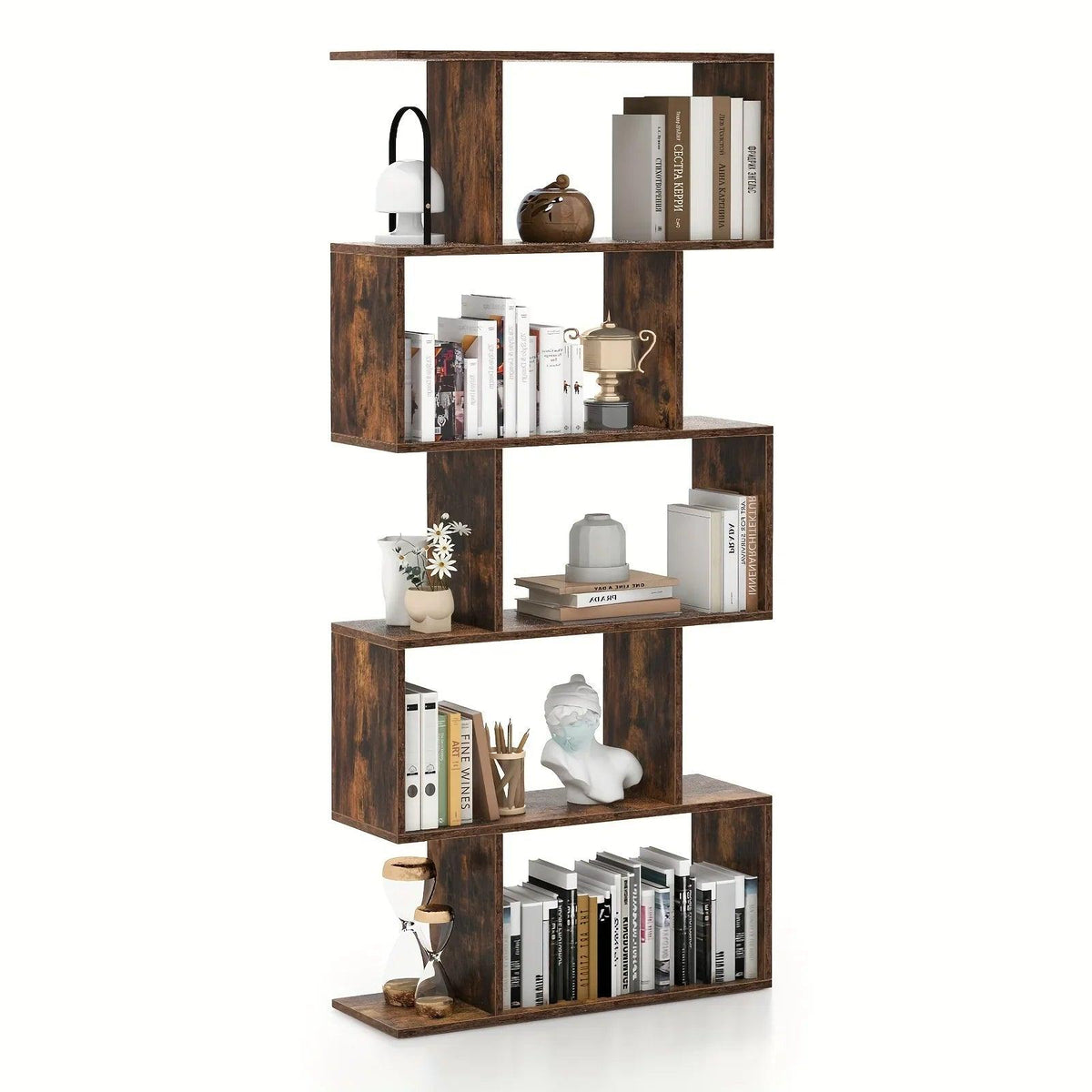 Rustic Wood 5-Tier Geometric Bookcase, 62.5