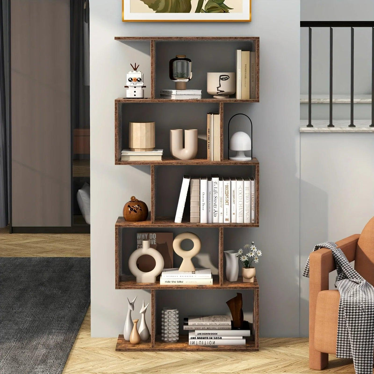 Rustic Wood 5-Tier Geometric Bookcase, 62.5